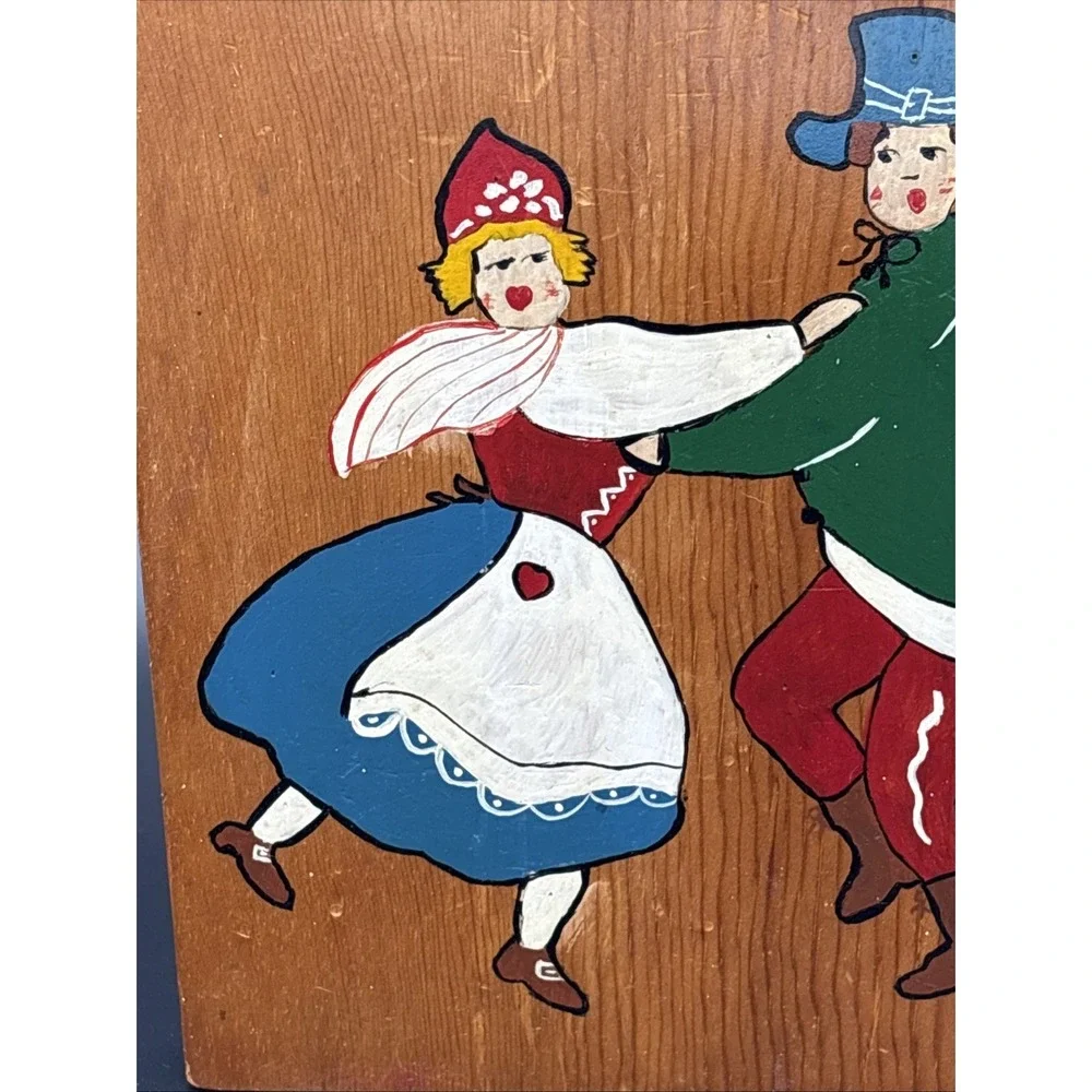 Vintage Scandinavian Folk Art Hand-Painted Wooden Cutting Board Dancing Couple